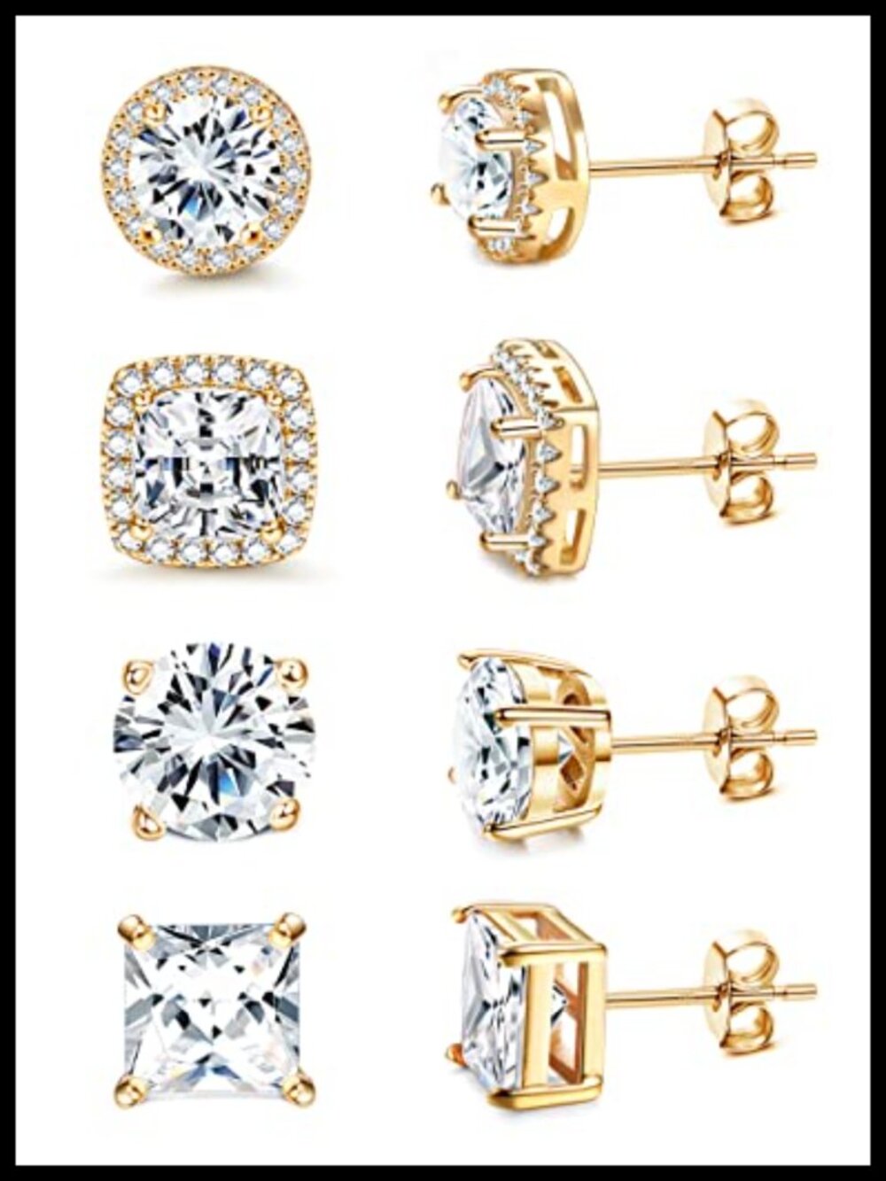 S925 Sterling Silver Stud Earrings 18K Gold Plated Cubic Zirconia Halo Studs